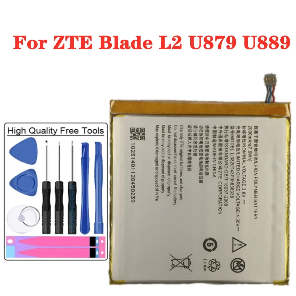 

Аккумулятор Li3820T43P3h636338 для ZTE Blade L2 U879 U889, 2000 мАч, встроенный литий-ионный аккумулятор, высококачественный аккумулятор для сотового телефона + Инструменты