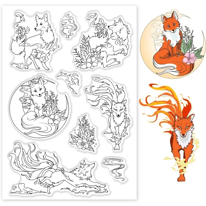 Clear Stamps 1pc Fire Fox Clear Stamps Mysterious Eastern Theme Transparent Stamps Animal Background Silicone Clear Stamp Seals
