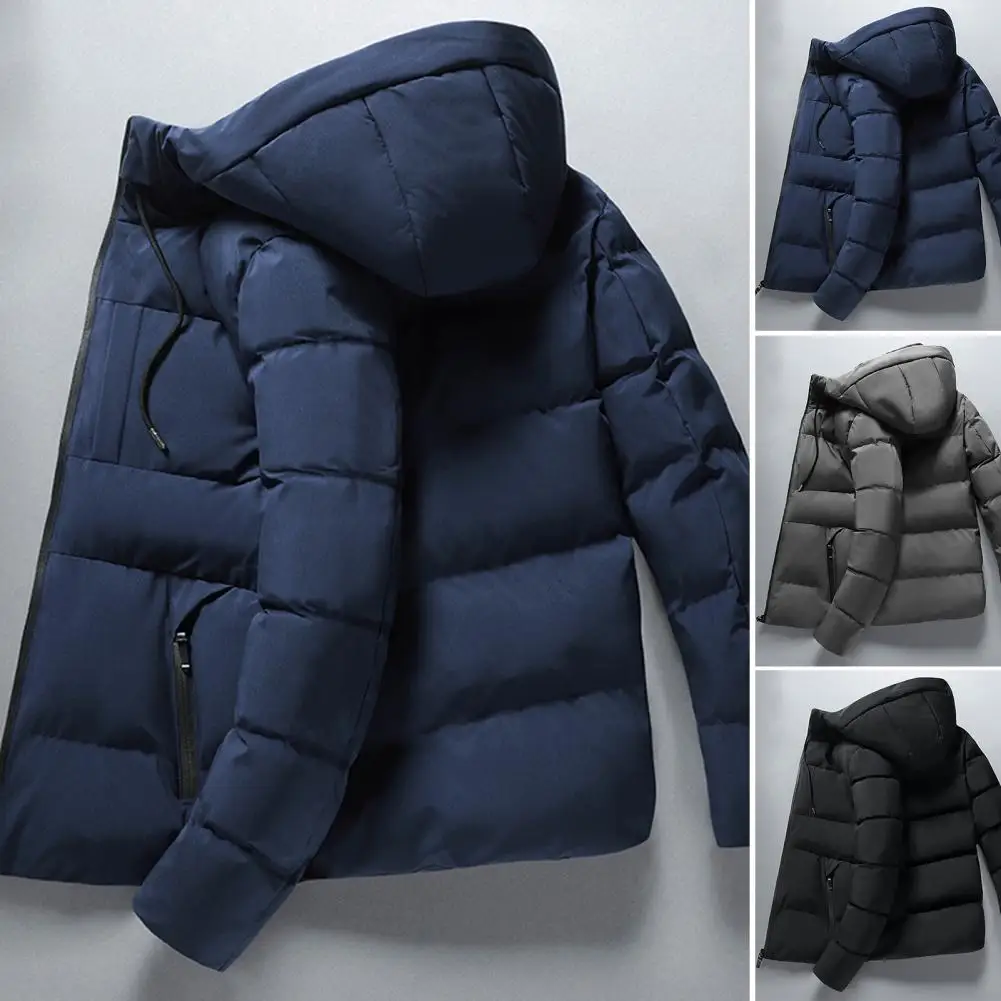 

Winter Men Jacket Parka Cotton Padded Long Sleeve Solid Color Fluffy Filling Zipper Coldproof Autumn Hooded Windbreaker Outwear