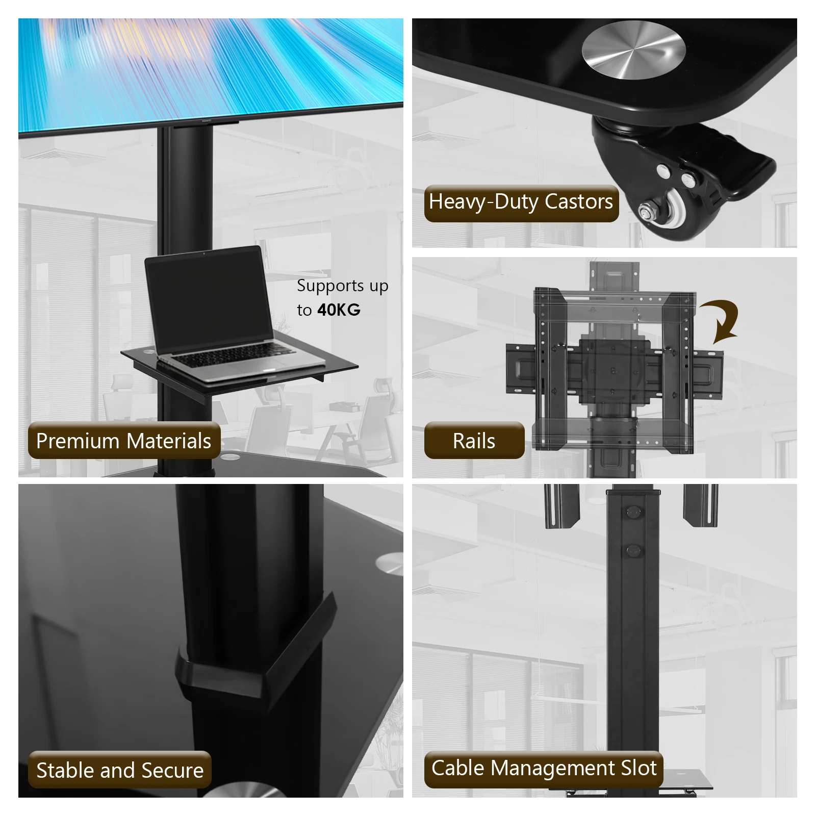 Rolling TV Moving Stand on Wheels Height Adjustable Floor Trolley Stand with Shelf Portable Mobile TV Cart for 37-70 Inch Screen