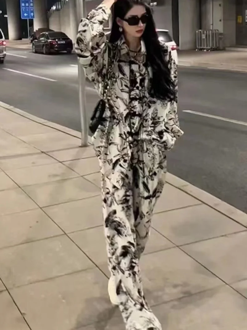 Chinese Style National Style Fashion Suit Women's Vintage Ink Print Button-Up Shirt High Waist Trousers Two-Piece Set