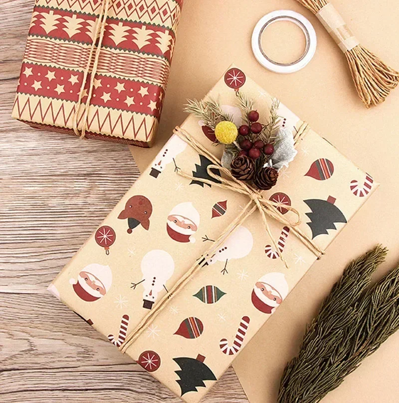 Christmas Kraft Wrapping Paper Checkered Xmas Tree Santa Claus Pattern Gift  Packaging Party Christmas Diy Decoration Paperboard - AliExpress