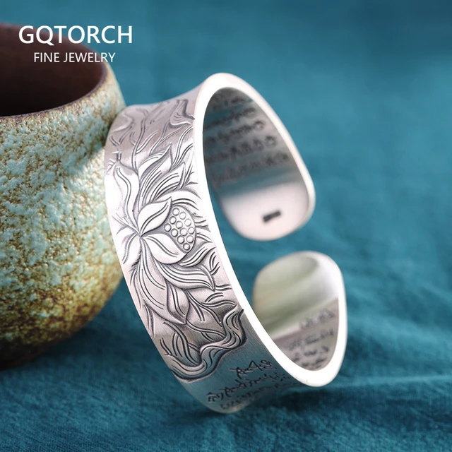 Real 999 Sterling Silver Lotus Women Bangles Vintage Jewelry Carved Lotus Buddhist Heart Sutra Wide Bracelet Women Accessories Bangles Aliexpress