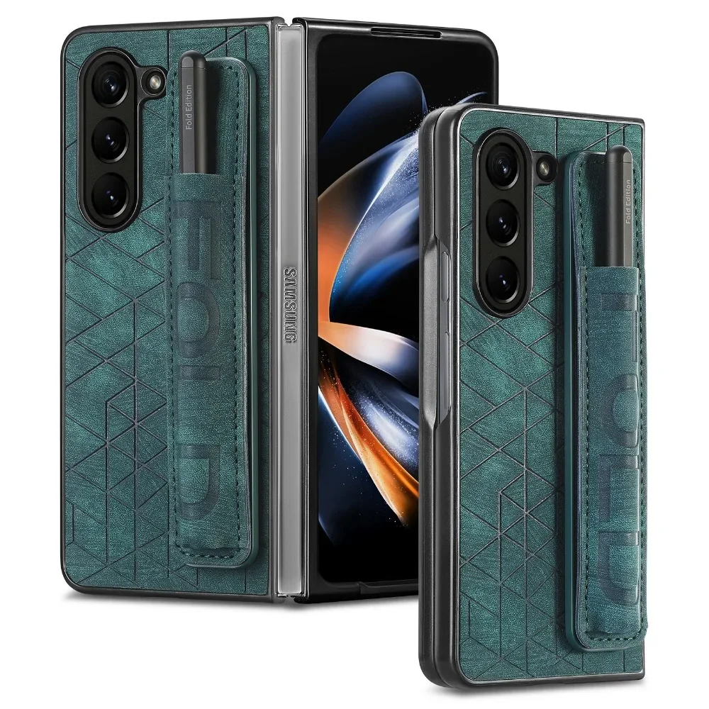Wrist Strap PU Leather Cover for Samsung Galaxy Z Fold 6 5 4 3 5G Hard PC Phone Case with S Pen Holder & Finger Grip(no Pen) | Gaffar India
