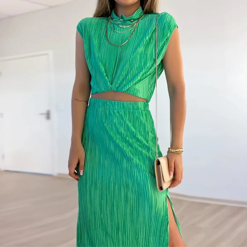 

Fashion casual Women's suit 2024 new pleated short shirt slit mid-length skirt two-piece set