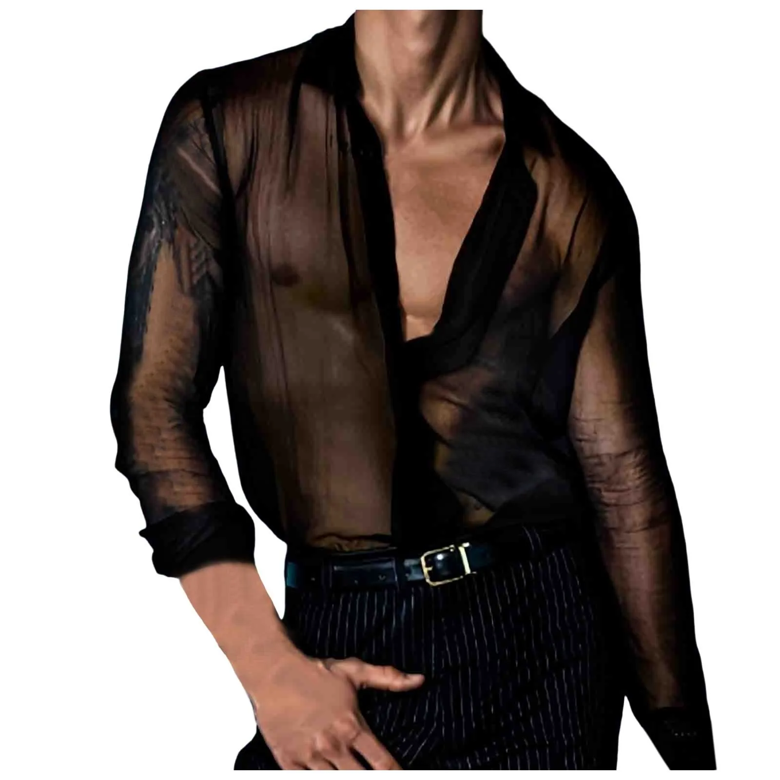 Fashion Korean Social Clothes Male Spring And Summer Sexy Thin See Through Shirt Hawaiian Shirts Men Advanced Breathable Trendy 3