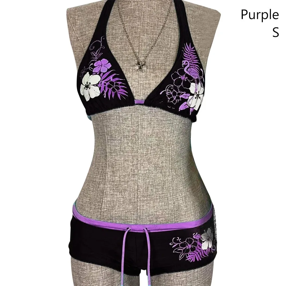 Fashion Vintage Bikini Set Adjustable Sexy Swimsuit Low Waist Flower Print Halter Strap Swimwear Woman