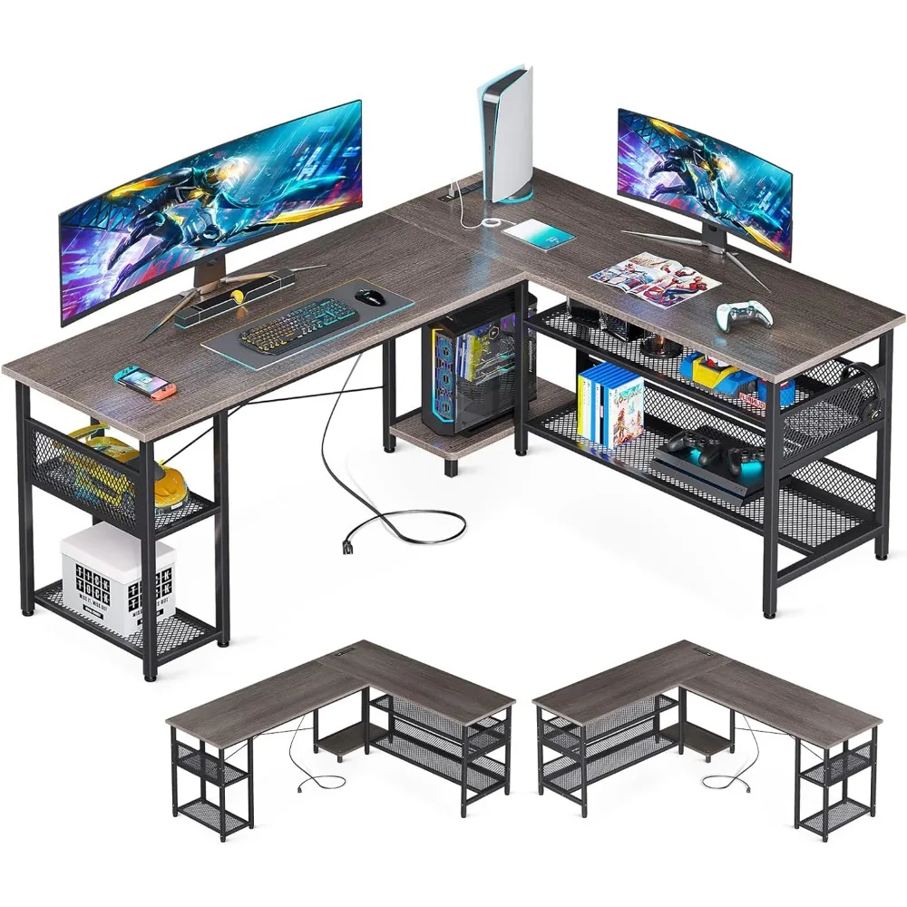 

ODK 66" L Shaped Desk with Power Outlet and USB Charging Ports, Reversible L Shaped Computer Desk with Storage Shelves