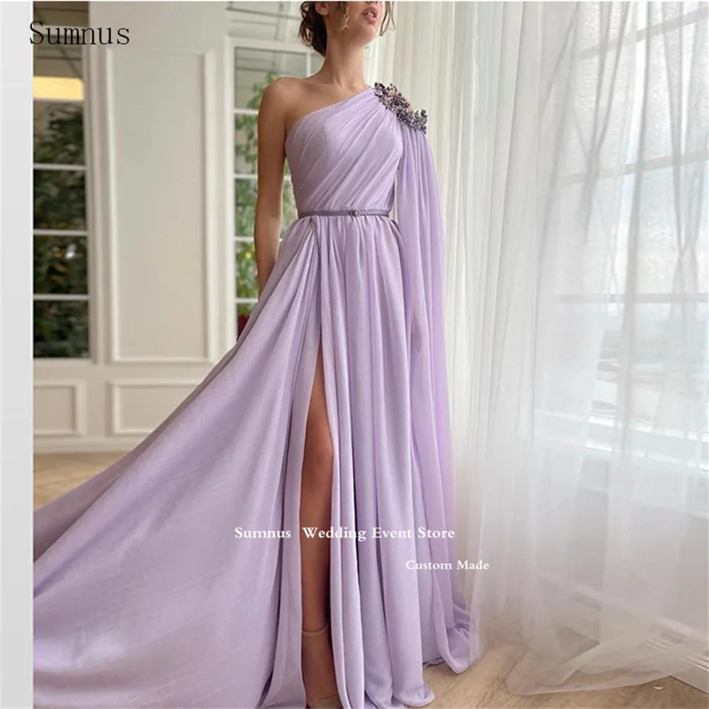 

Sumnus Lavender Formal Chiffon Prom Dresses One Shoulder Long A Line High Side Slit Beadings Vestidos Para Mujer Gala Dresses Fo