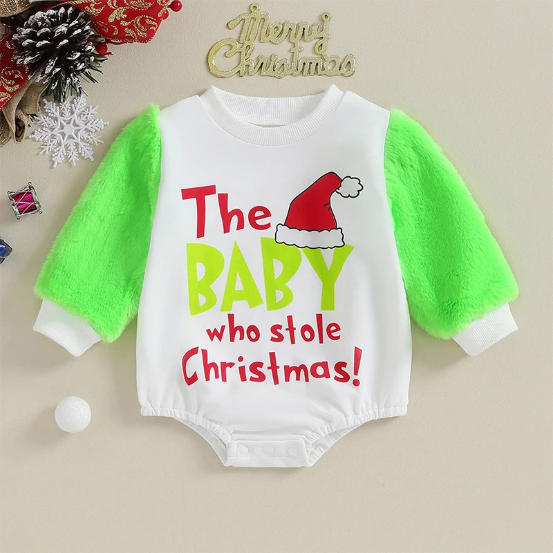 

2023-09-21 Lioraitiin 0-18M Infant Baby Girl Boy Christmas Outfit Letter Sweatshirt Romper Fleece Monster Reindeer Jumpsuit