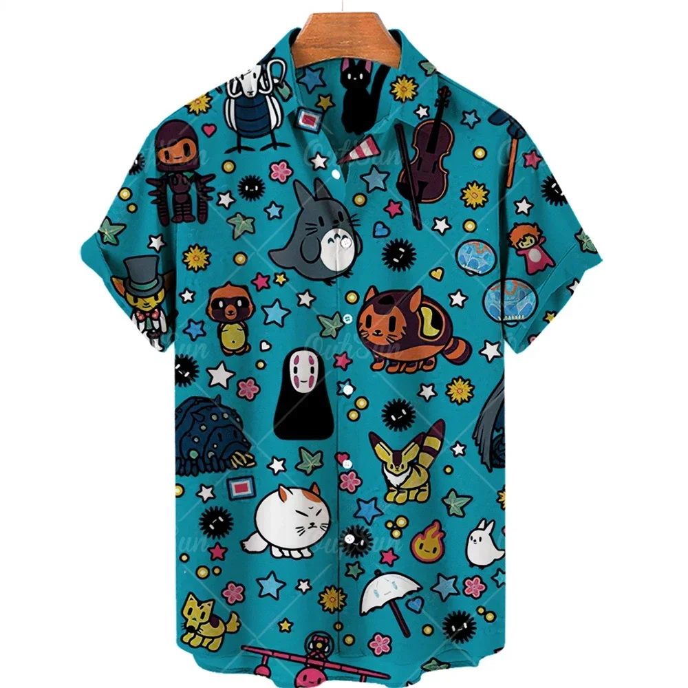 

2024 Cartoon Pattern Society Oversized Hawaiian Short Sleeve Men's Printed Shirt Top Harajuku Flower Casual Retro Y2k Boy Camisa