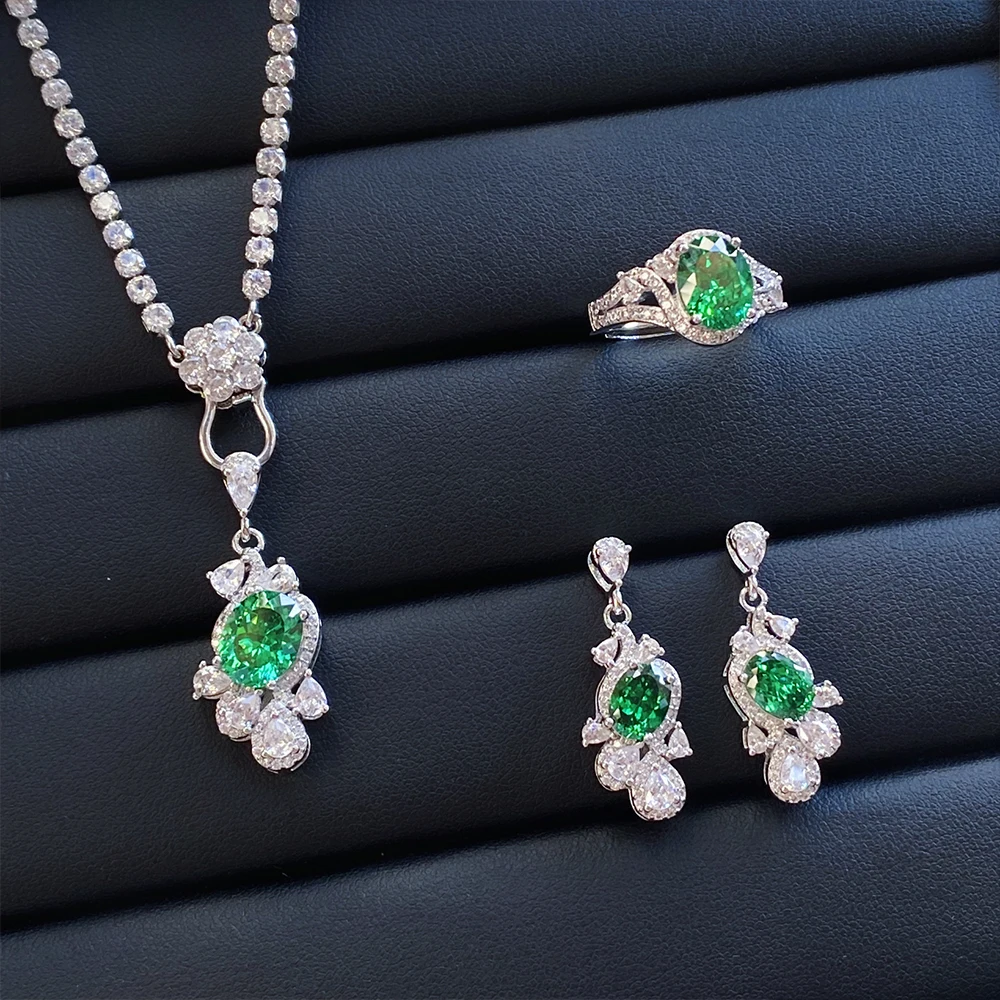 

Luxury Dinner Jewelry Set Women Ice Flower Emerald Necklace Oval Ring Earrings 5A Zircon Retro Original Design Girl Gift