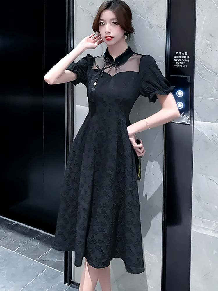 

Black Jacquard Chic Puff Sleeve Sheer Sexy Long Dress Women Summer Elegant Tassel Dress 2024 Korean Vintage Hepburn Party Dress