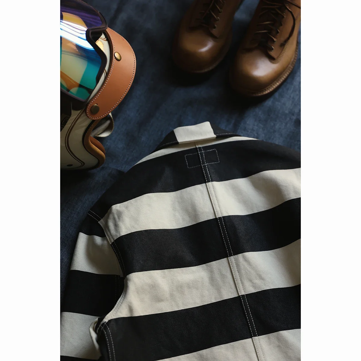 BOB DONG 16oz Canvas Striped Biker Jacket Spring Men Unlined 3-Pocket Chore Coat 4