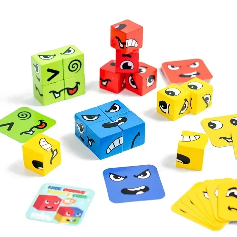 Cube Face Changing Building Blocks Board Games Wood Puzzles Montessori Expression Wooden Blocos for Children Battle Table Games