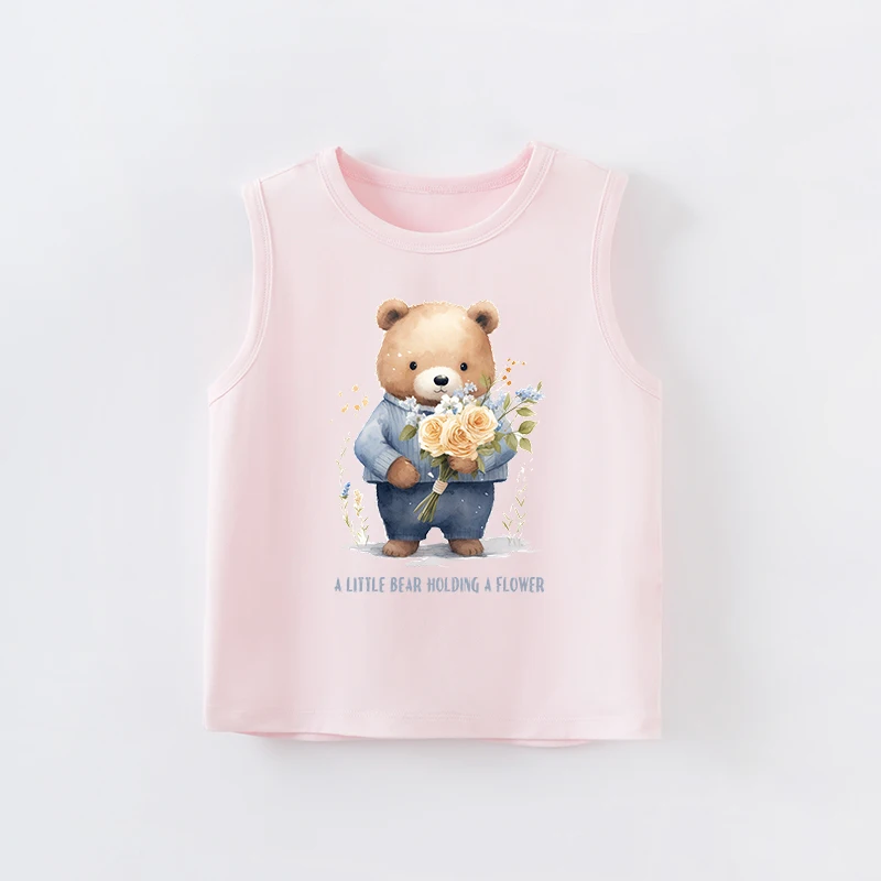 Baby Pink Sleeveless T-Shirt For Boys And Girls Cute Cartoon Cute Flower Bear Comfortable Round Neck Summer Children's Wear