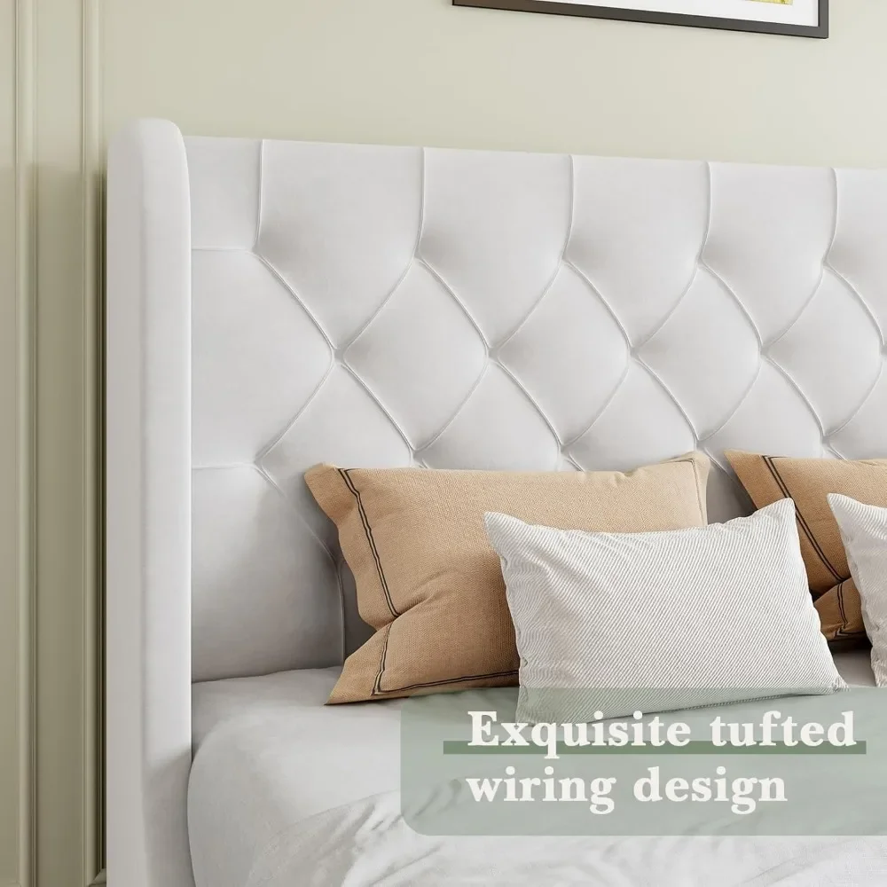 Full Size Bed Frame with Velvet Tufted Headboard, Curved Wingback Design, Wooden Slats Support, Upholstered Bed Frame 5