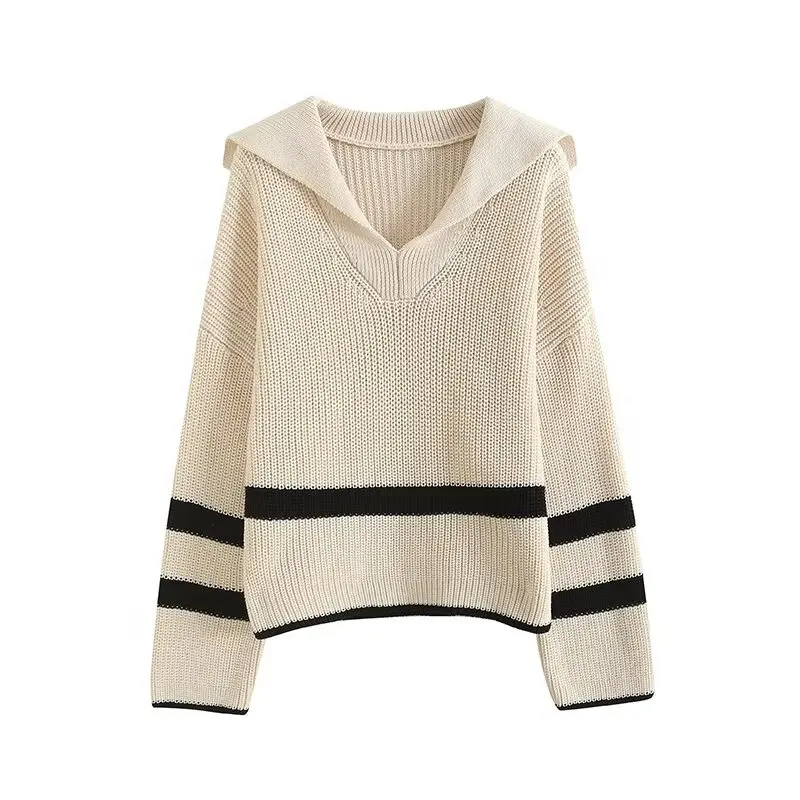 

Women 2023 Spring and Summer New Fashionable All-match Striped Knit Retro Bubble Long Sleeve Chic Doll Collar Casual Top Mujer