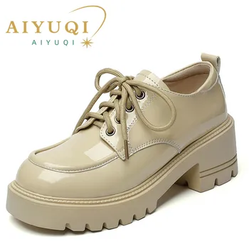 AIYUQI 여성용 로퍼, 대형 사이즈, 정품 가죽, 하이힐, 영국 스타일, 여성 신발, 봄 신상 패션