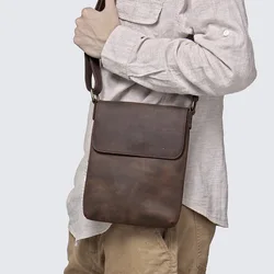 Fashion Genuine Leather Messenger Bag for Men Crazy Horse Leather Shoulder Bag Small Travel Handbag Male Pad Sling Bag