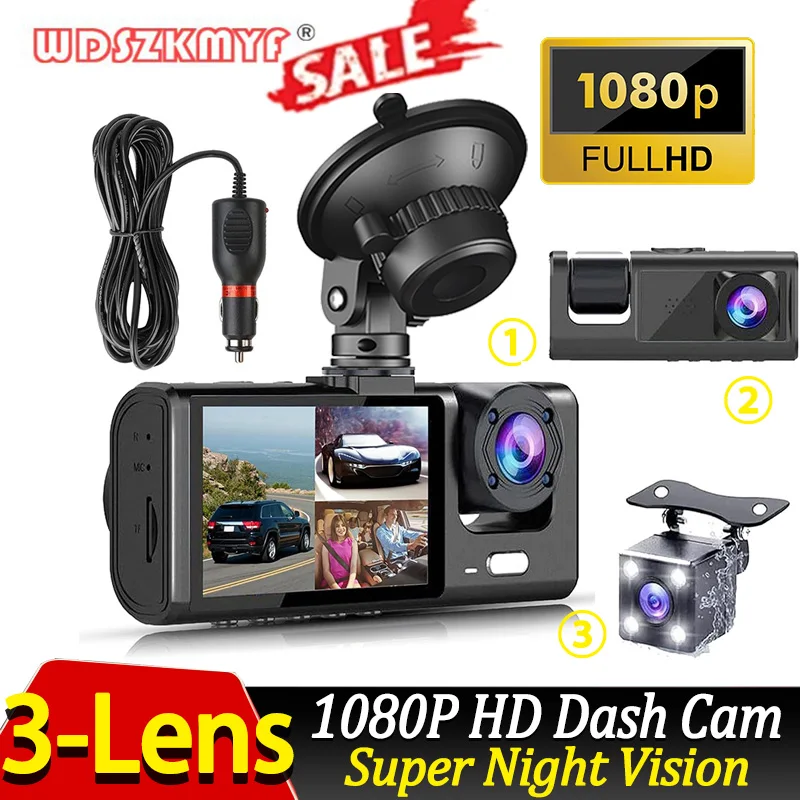 자동차 전면 및 후면 카메라용 3 채널 대시 캠, 1080P 비디오 녹음기, 블랙박스, 자동차 DVR, 후면보기 카메라, 자동차 액세서리