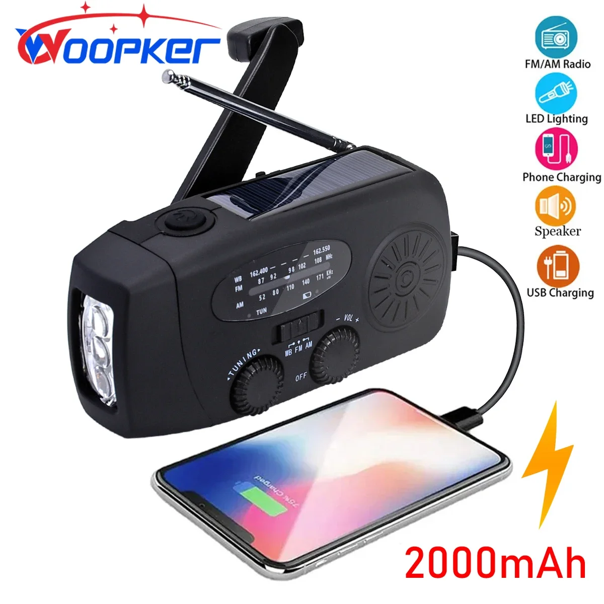 Emergency Radio Hand Crank Solar USB (FM/ AM/ NOAA) WB Weather Radios with Flashlight Power Bank