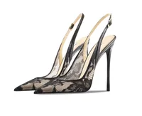 Black lace high-heeled sandals with pointed toes, thin heels, and shallow mouth, comfortable to wear with just one foot - Image 4