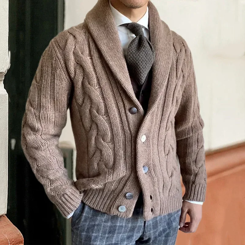 

Men's Cable Knit Sweater Jacket with Turn-Down Collar