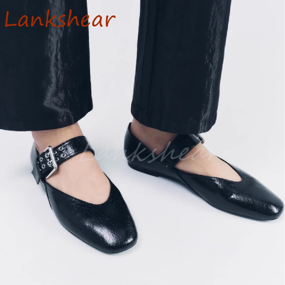 

Square Toe Belt Buckle Women Shoe Flat Sole Fashion Patent Leather Solid Casual Spring Buckle Strap Mary Jane 2024 New Arrivals