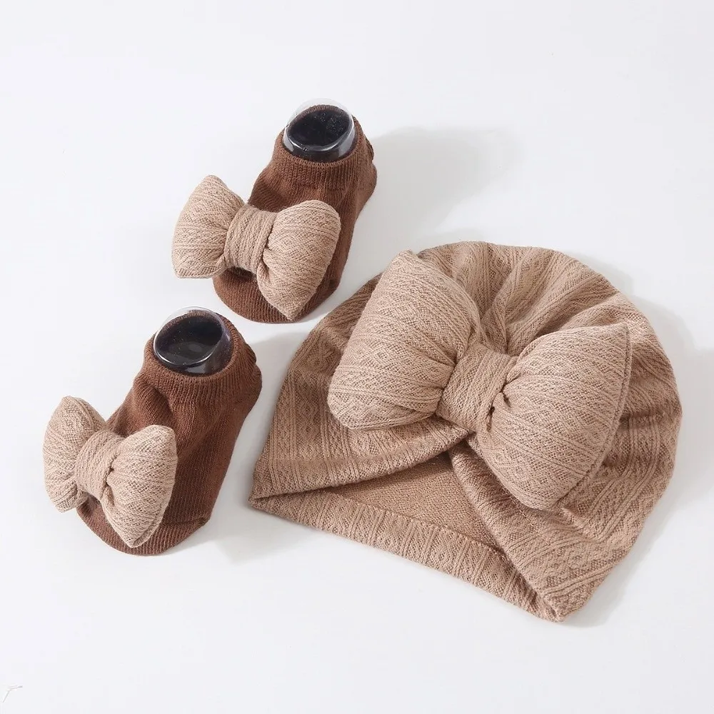 3Pcs/Set Headwear Bow Baby Hat Socks Set Cotton Solid Color Baby Fetal Cap 0-12 Months Keep Warm Newborn Turban Hat Autumn