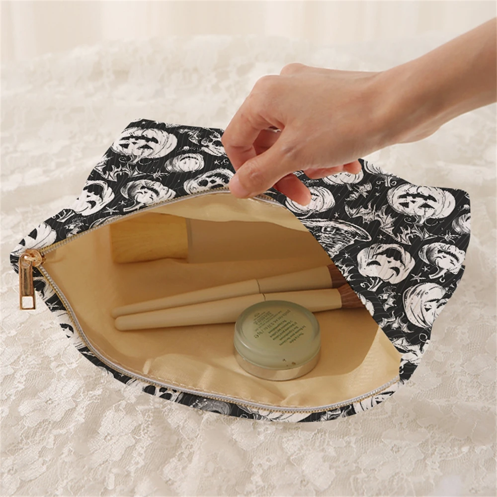 1 pumpkin and bat patterned corduroy makeup bag, lightweight zipper makeup storage box, multifunctional bag with lining