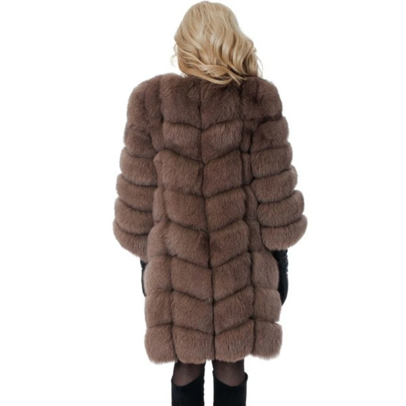 2023 Winter New Women Faux Fur Coat Stitching Imitation Fox Fur Thickened Warm Outwear Mid Length Version Solid Color Parkas