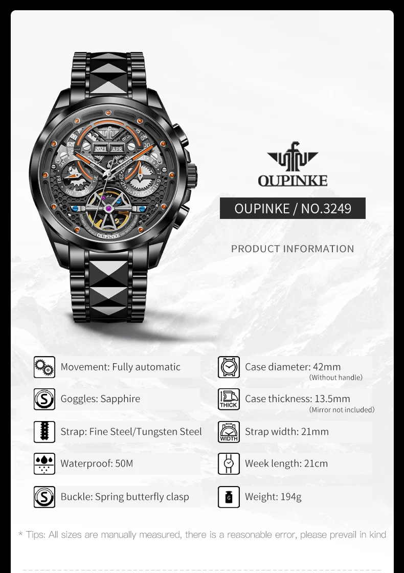 OUPINKE Multi-level Design Automatic Watches Mens Swiss TOP Brand Sapphire Mirror Tungsten Calendar Waterproof Luminous Luxury 6