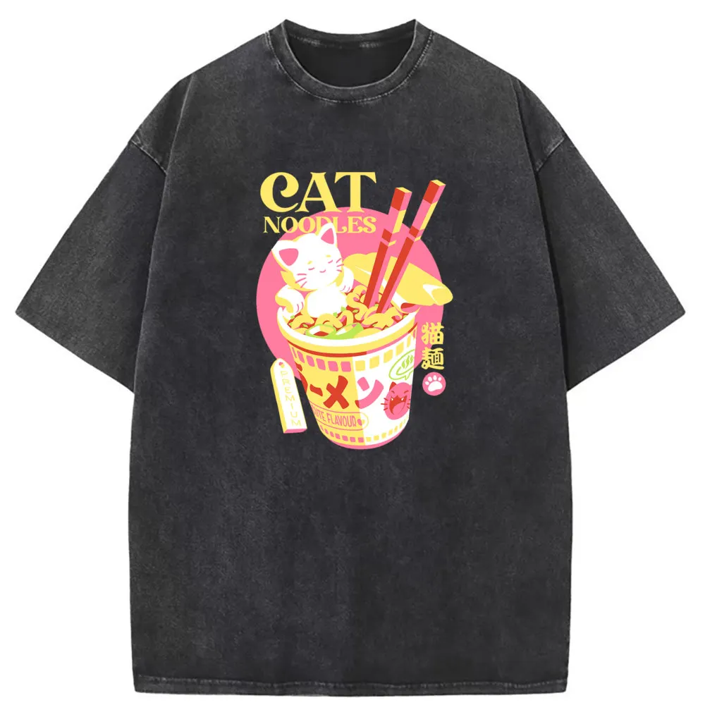 

Japanese Cat Noodles Vintage Printed Tshirts Long Sleeve Tee Shirt Men Washed Retro Sweatshirts For Male Summer/Autumn Tops