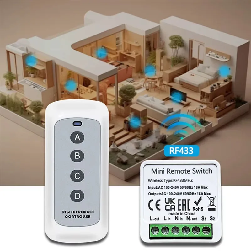 433MHZ Universal Wireless Switch 16A Smart 4Key Remote Control Relay Receiver 2-way Control Module For Led Lamp Fan Garage Doors