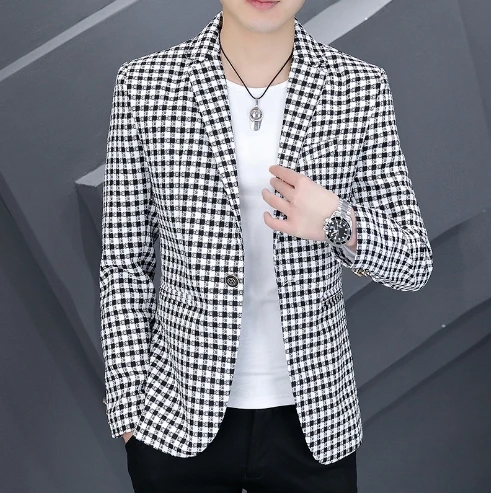 

mens grid top jacket long sleeve suit jacket fashion mens Slim Fit Small Coat