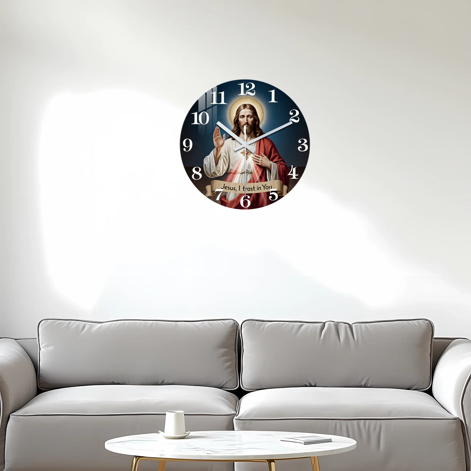 Sacred Heart Deep Blue Wooden Wall Clock - Silent and Stylish Home Décor