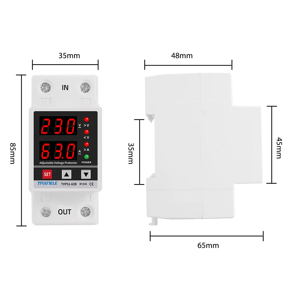 Din Rail Adjustable Digital Over Under Voltage Relay Surge Protector Limit Over Current Protection Dual Display 40A 63A 230V