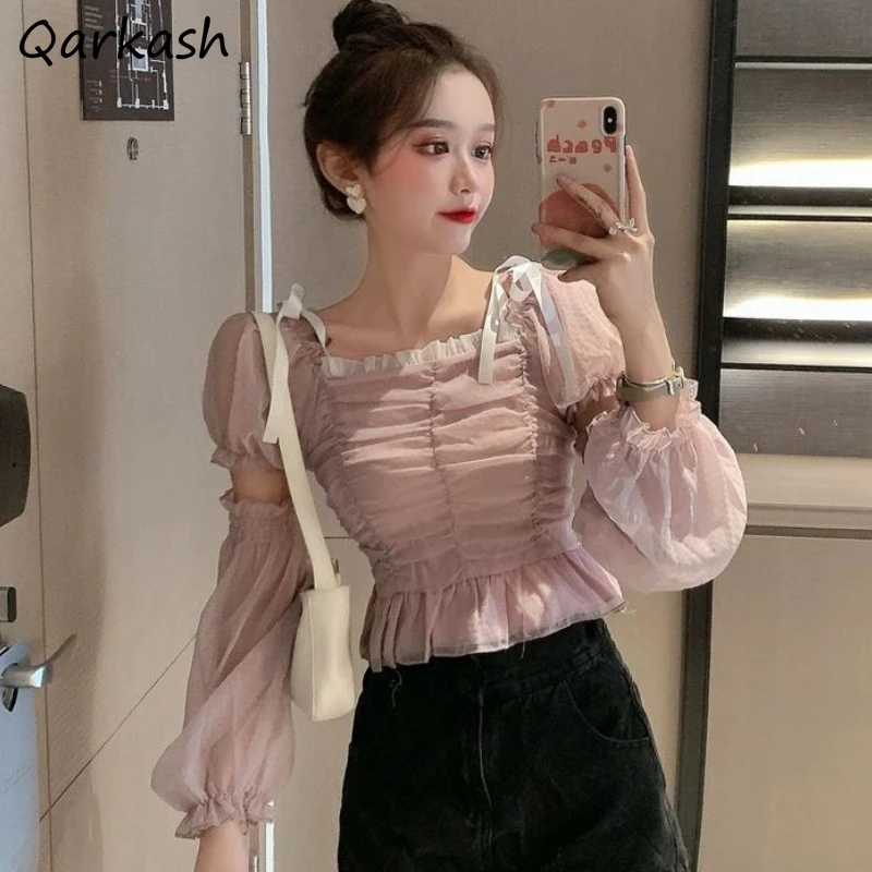 

Puff Sleeve Blouses Women Hotsweet Y2k Tops Ruffles Summer Elegant Simple All-match Streetwear Vacation Aesthetic Casual Young