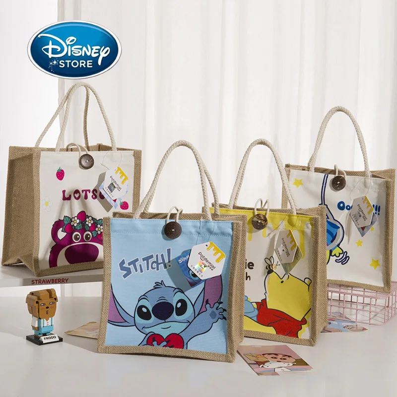 

Disney Cartoon Printing Lotso Stitch Winnie the Pooh Shoulder Bag Square Cotton And Linen Handbag Outgoing Picnic Bags