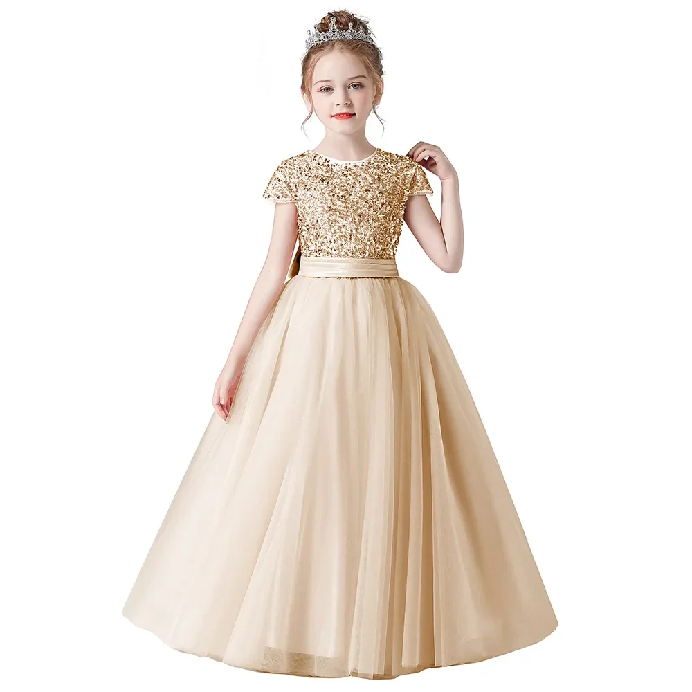 

Elegant Flower Girl Dress Sequins Short Sleeves Floor Length Tulle Kids Birthday Party Pageant Prom First Communion Ball Gown