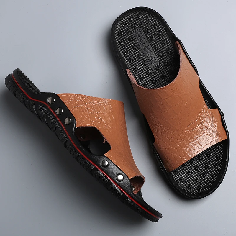 

Outdoor Genuine Leather Men's Sandals Summer Non-slip Walking Casual Shoes Beach Men Slippers Big Size 38-48