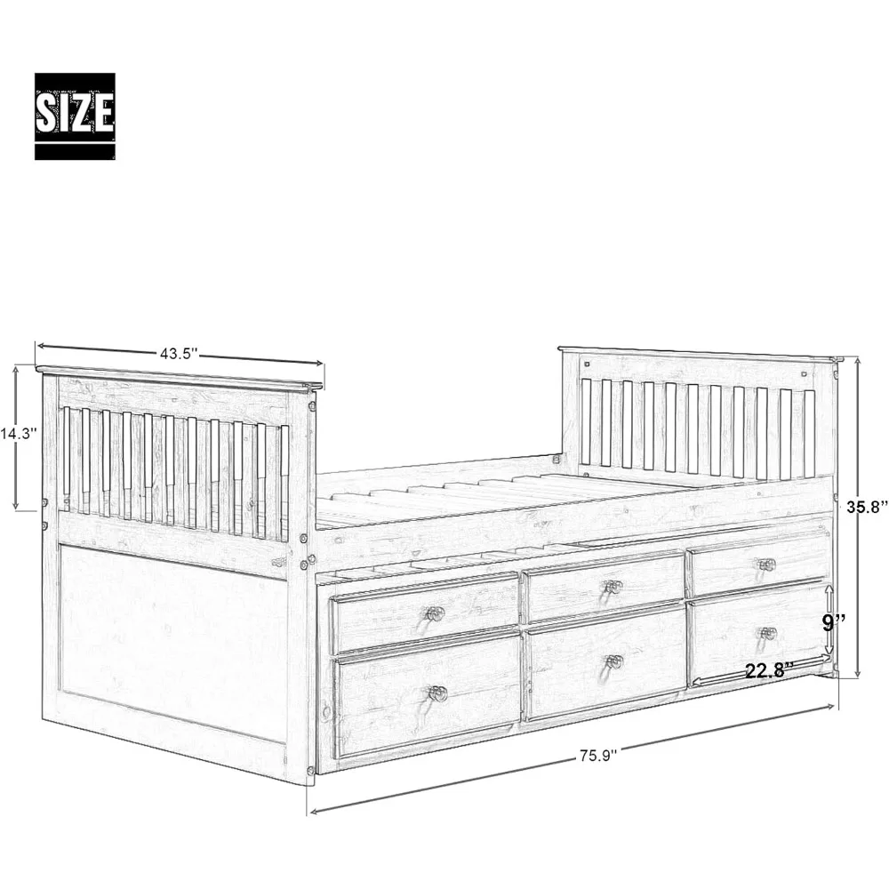 Storage Twin Bed with Trundle and Drawers Wood Daybed Captain’s Bed Bedroom Furniture for Kids Teens Guests 2