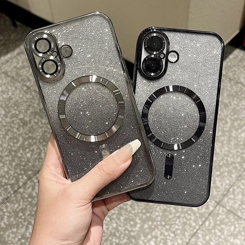 Custodia morbida magnetica per telefono con glitter di lusso per iPhone 16 15 14 13 12 11 Pro Max Plus, custodia antiurto con ricarica wireless_voghion.com
