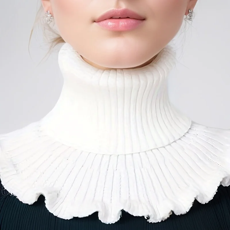 Fashionable black and white Knitted False Neck Scarf - Soft Thick and Warm with Elegant Ruffle Edge Design for Women