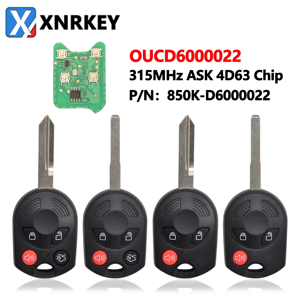 

XNRKEY FCCID OUCD6000022 Remote Car Key Fob For Ford C-Max Edge Escape Focus Lincoln Mazda Mercury 3/4 Button 315Mhz 4D63 Chip