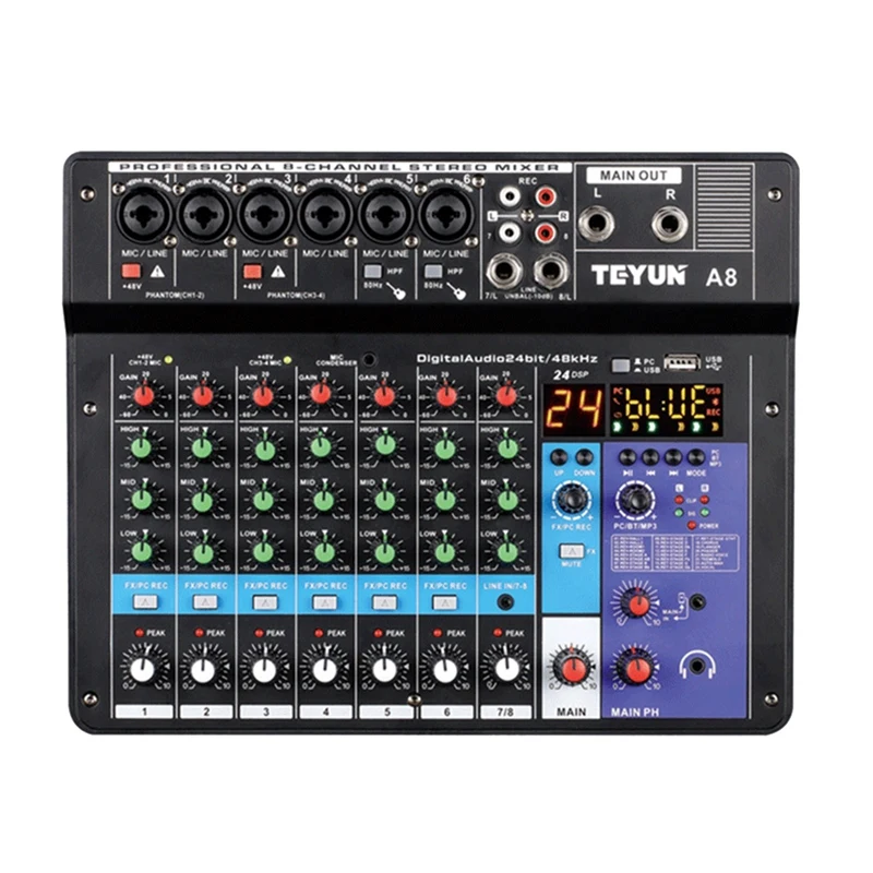 FULL-TEYUN A8 Portable Mixer Sound Card 8-Channel Mixing Console Computer Recording DJ Audio Equipment EU Plug