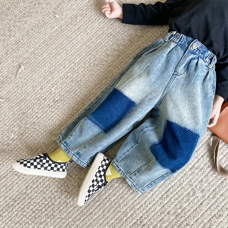 Korean style fashion patchwork jeans Boys fashion loose Sand washing denim pants 1-7Y