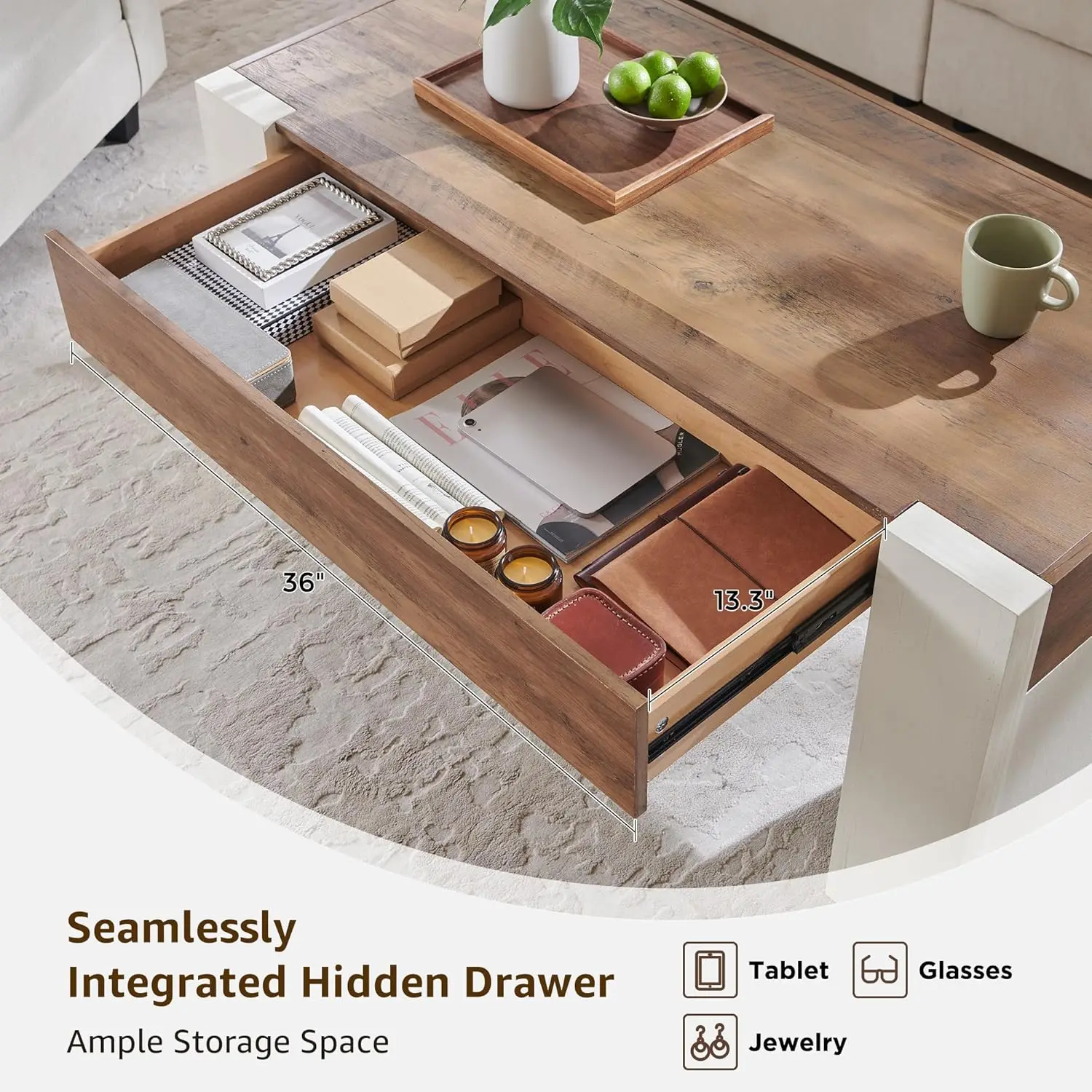 48" Modern Farmhouse Coffee Table, Wooden Living Room Table with Hidden Storage Drawer, Rustic Rectangular Center, Customized