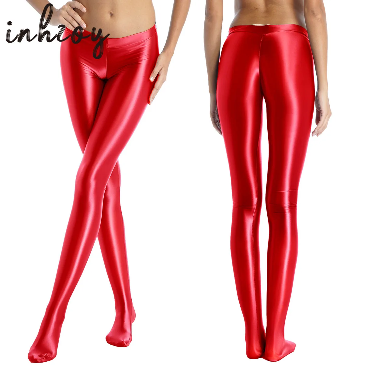 WomenShinyTightsGlossySmoothOilShinyLeggingsHighLowWaist